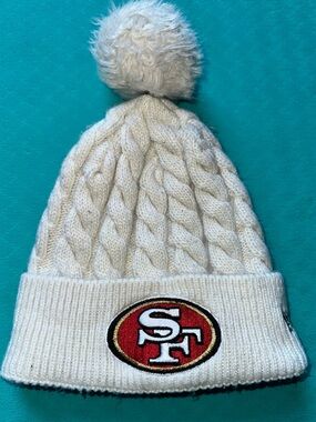 New Era White Cable Knit Pom Beanie with Red & Gold SF Logo